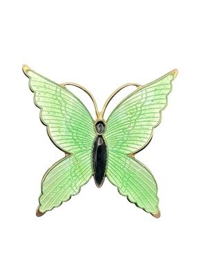 Guilloche green painted enamel butterfly insect brooch pin vintage